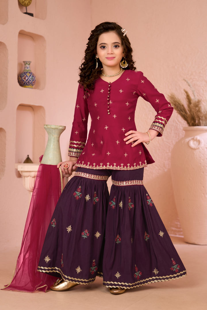 Pink Embroidered Cotton Straight Kids Salwar Suit