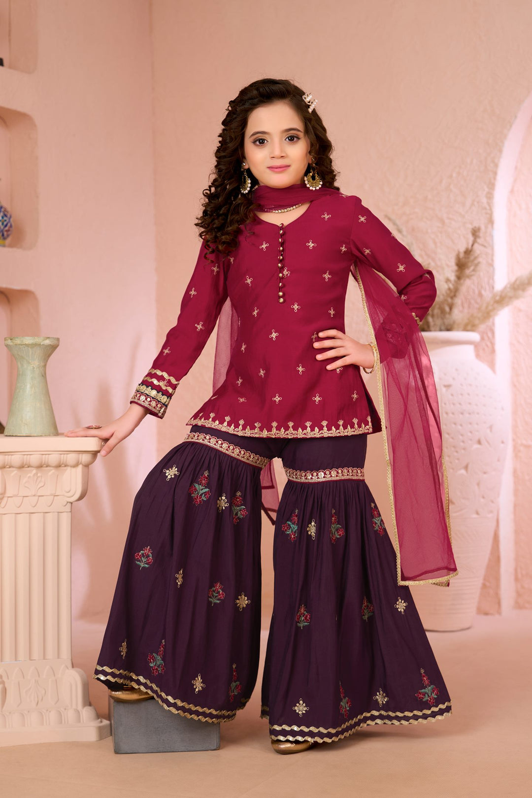 Pink Embroidered Cotton Straight Kids Salwar Suit