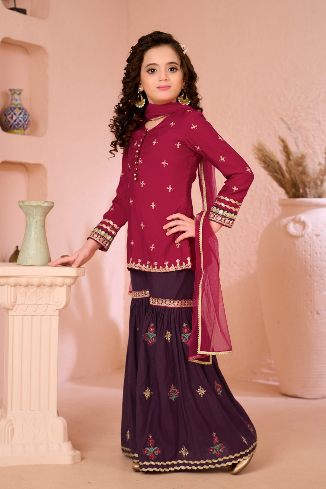 Pink Embroidered Cotton Straight Kids Salwar Suit