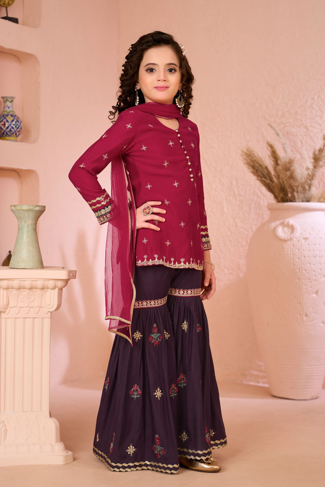 Pink Embroidered Cotton Straight Kids Salwar Suit