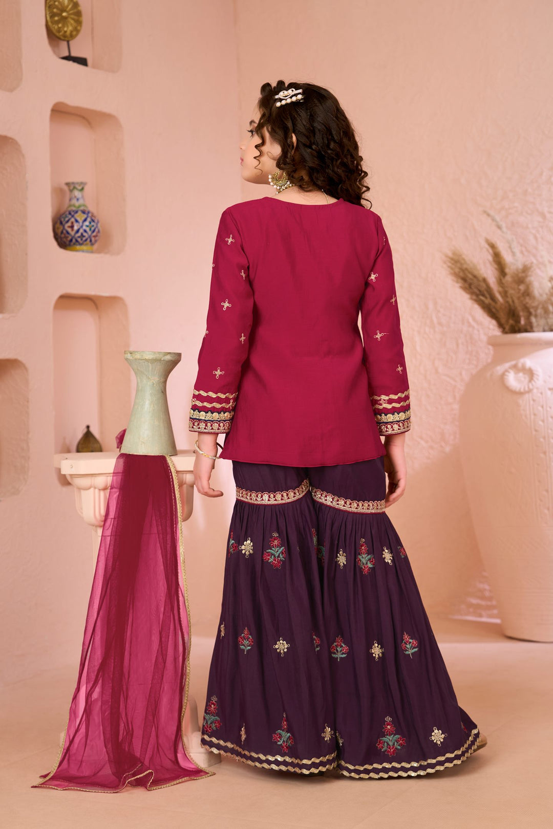 Pink Embroidered Cotton Straight Kids Salwar Suit