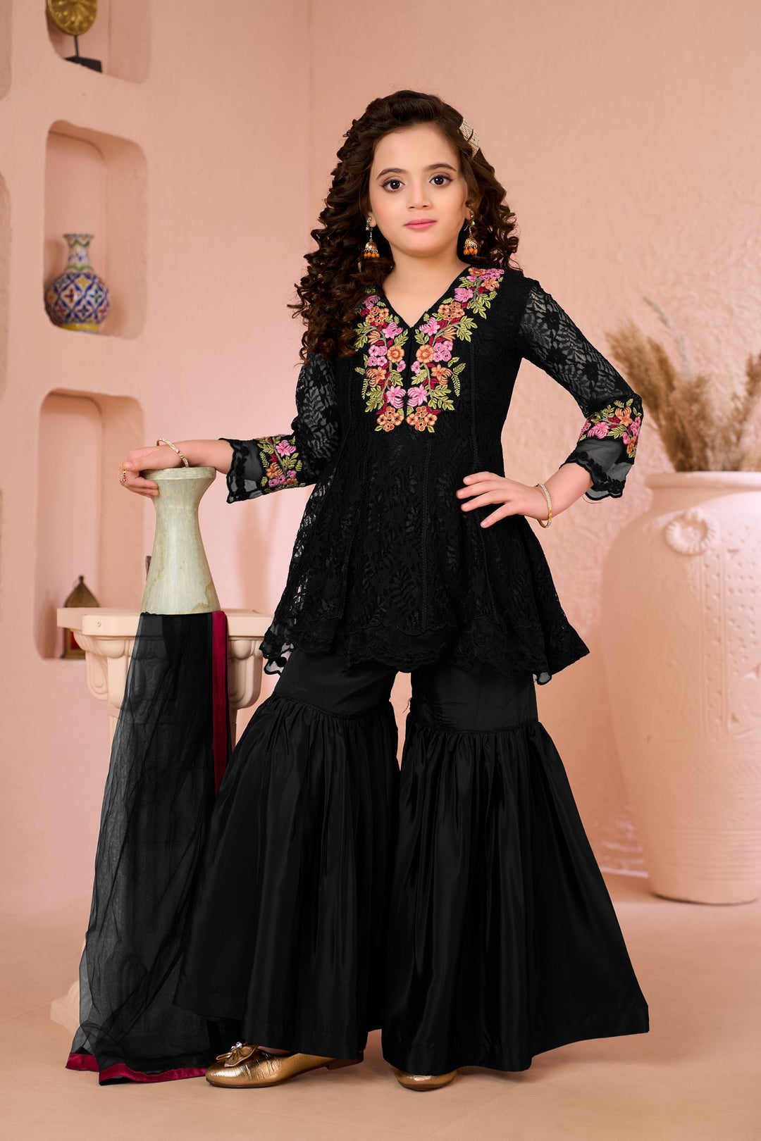 Black Embroidered Net Straight Kids Salwar Suit