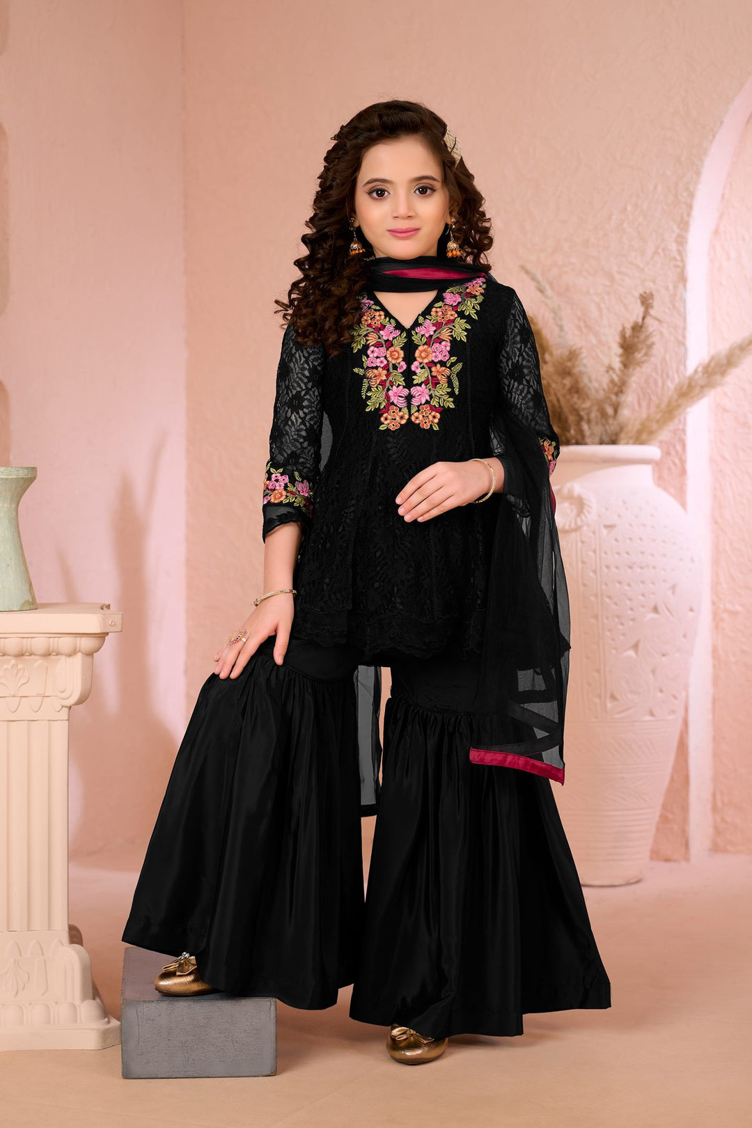 Black Embroidered Net Straight Kids Salwar Suit