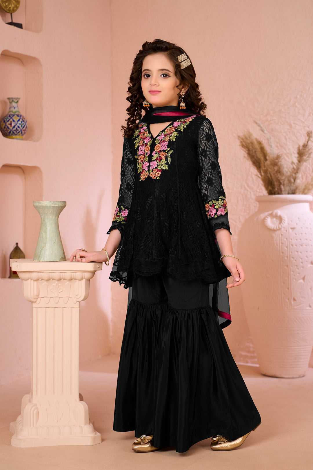 Black Embroidered Net Straight Kids Salwar Suit
