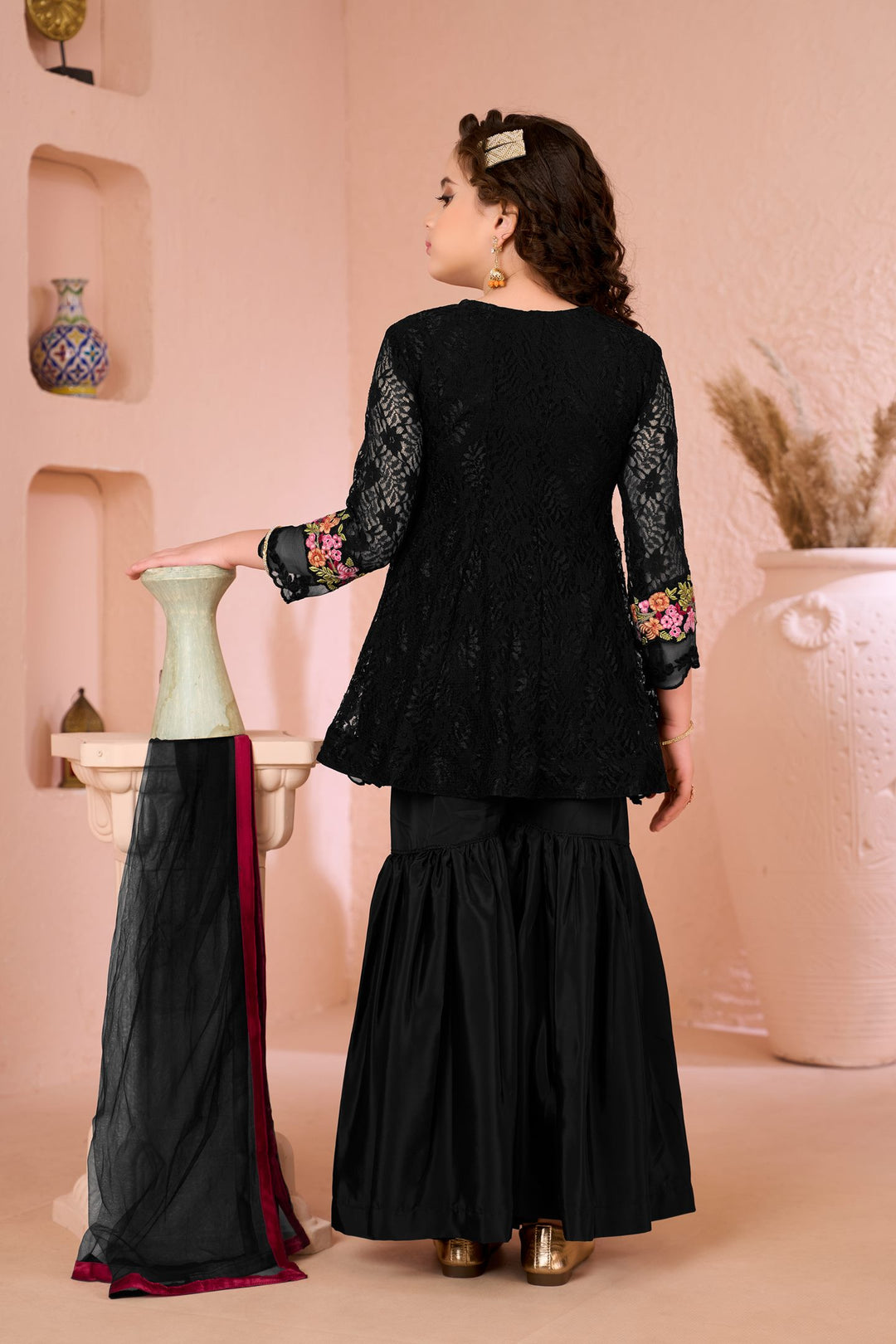 Black Embroidered Net Straight Kids Salwar Suit
