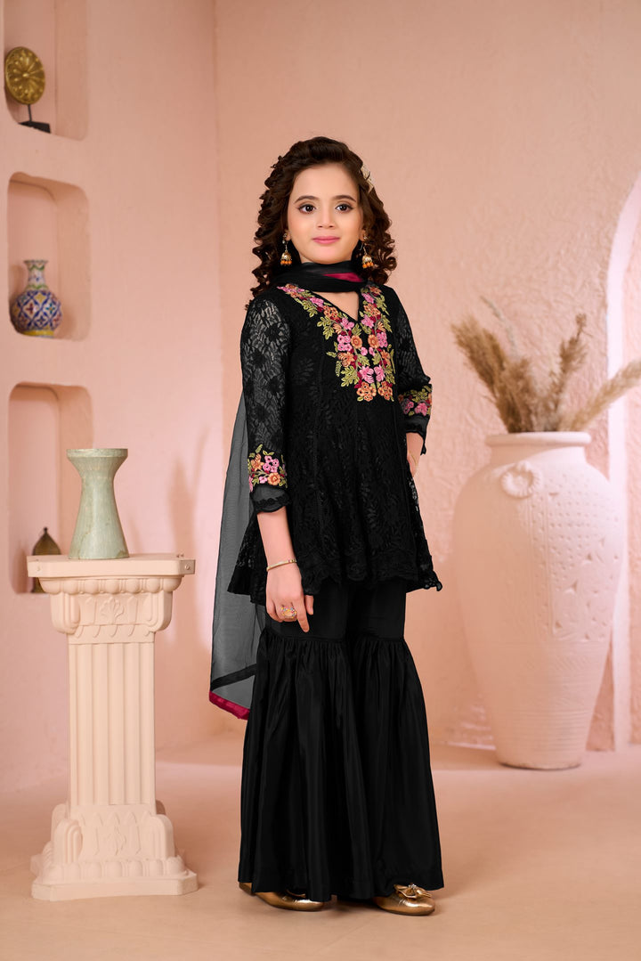 Black Embroidered Net Straight Kids Salwar Suit