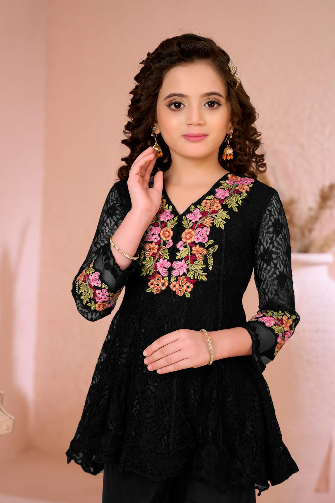 Black Embroidered Net Straight Kids Salwar Suit