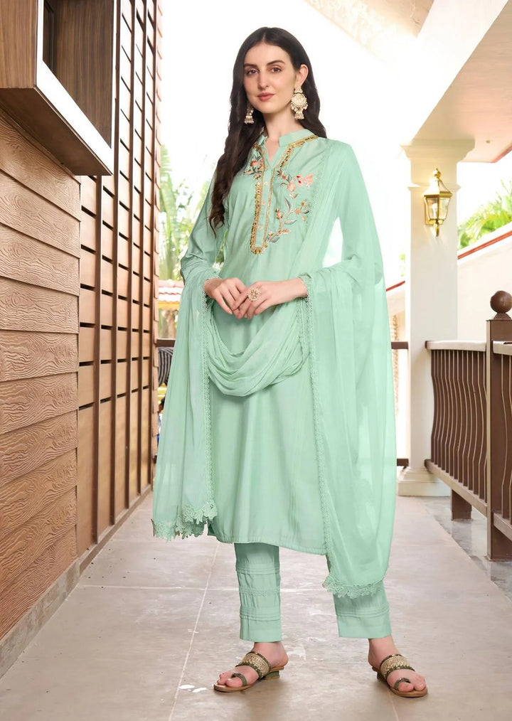 Light Green Embroidered  Art Silk Straight Suit