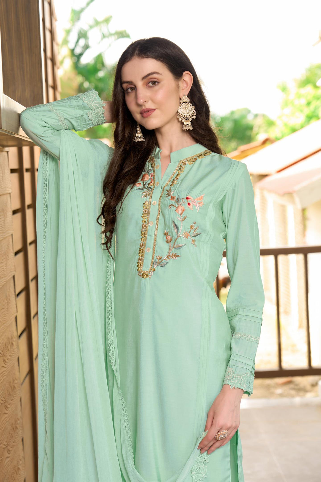 Light Green Embroidered  Art Silk Straight Suit