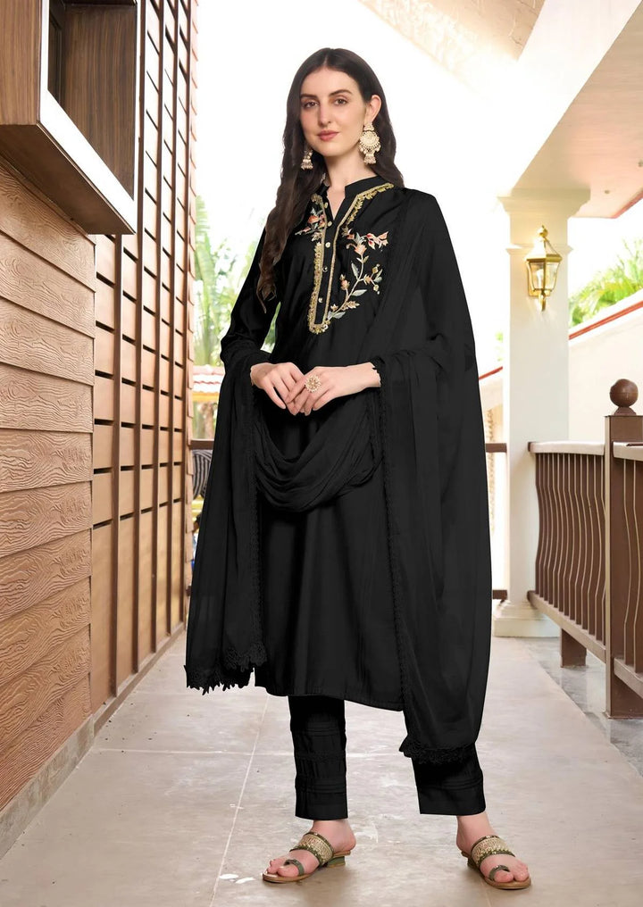 Black Embroidered  Art Silk Straight Suit