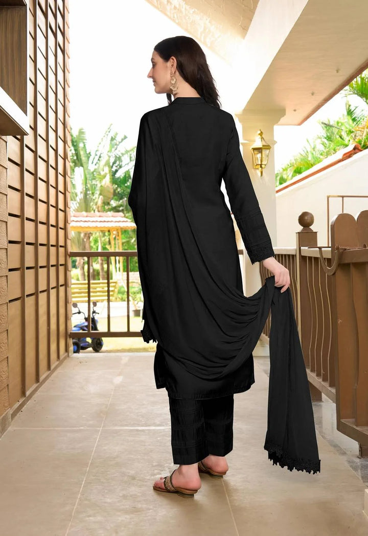 Black Embroidered  Art Silk Straight Suit