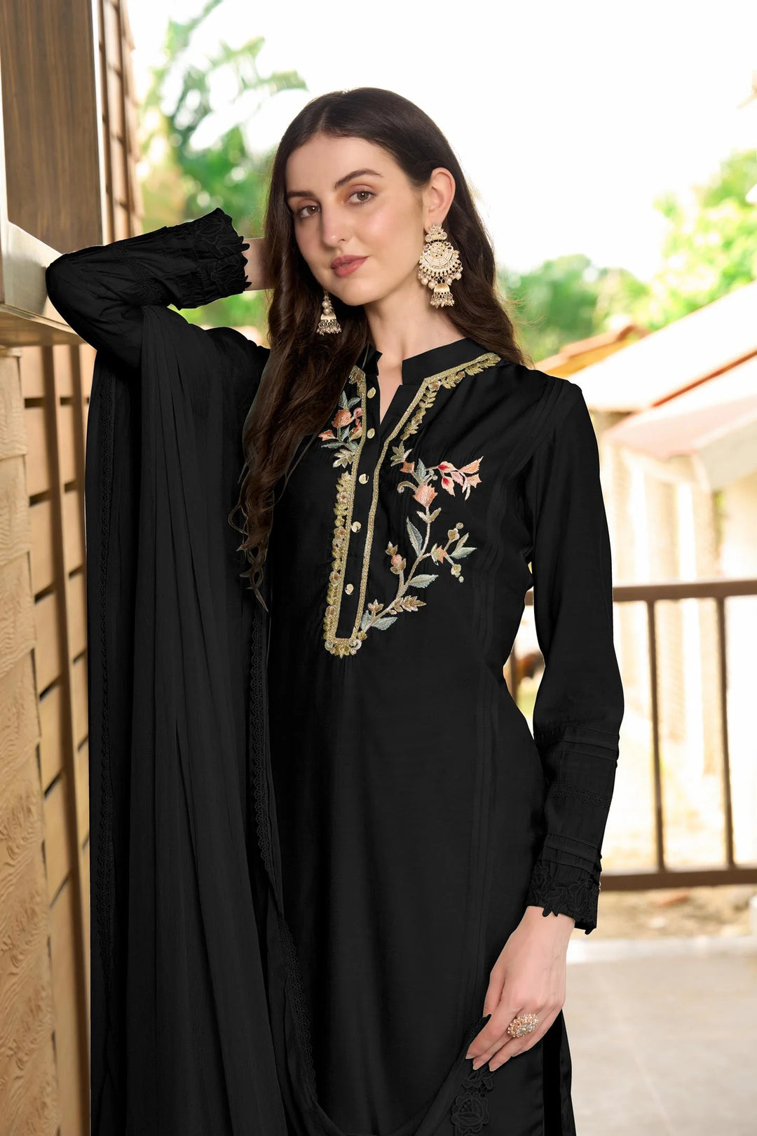 Black Embroidered  Art Silk Straight Suit