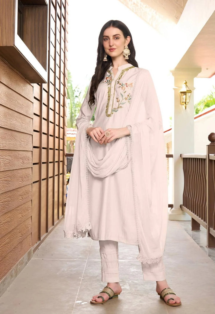 Off White Embroidered  Art Silk Straight Suit