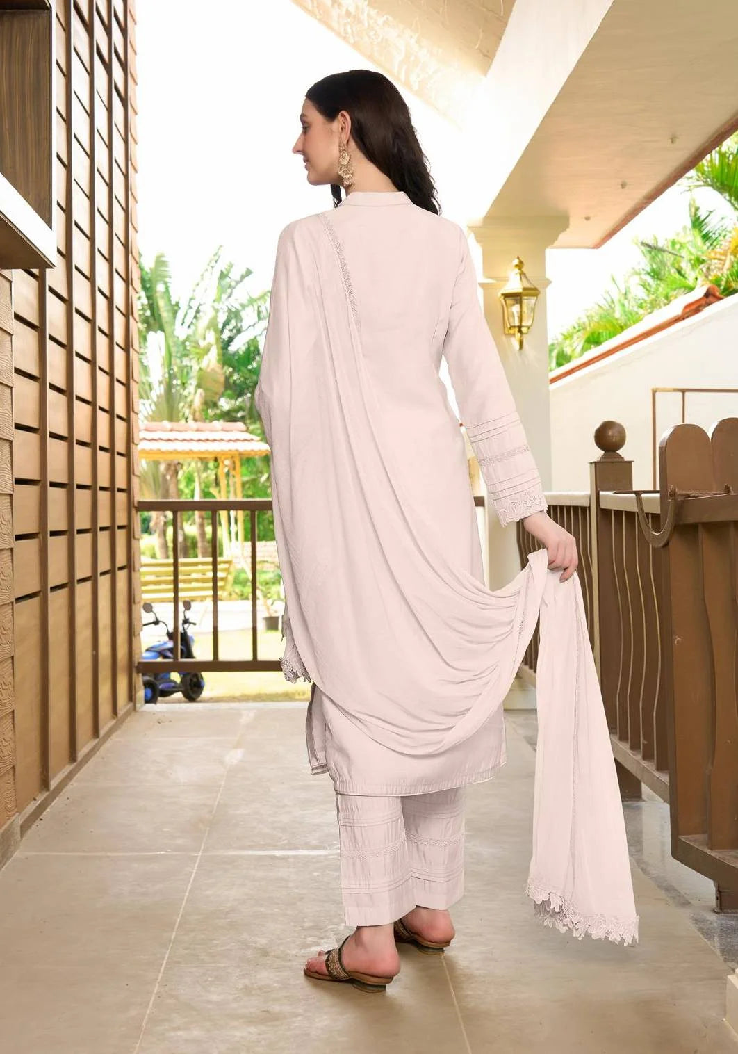 Off White Embroidered  Art Silk Straight Suit