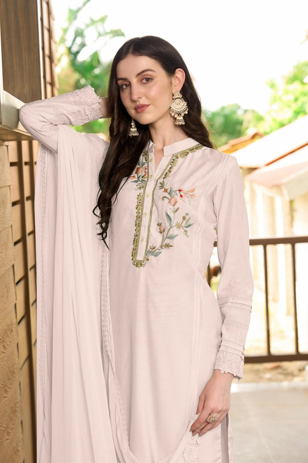 Off White Embroidered  Art Silk Straight Suit