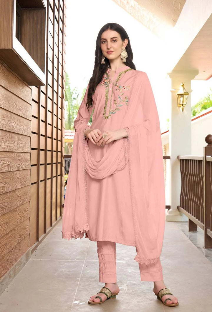 Light Pink Embroidered  Art Silk Straight Suit