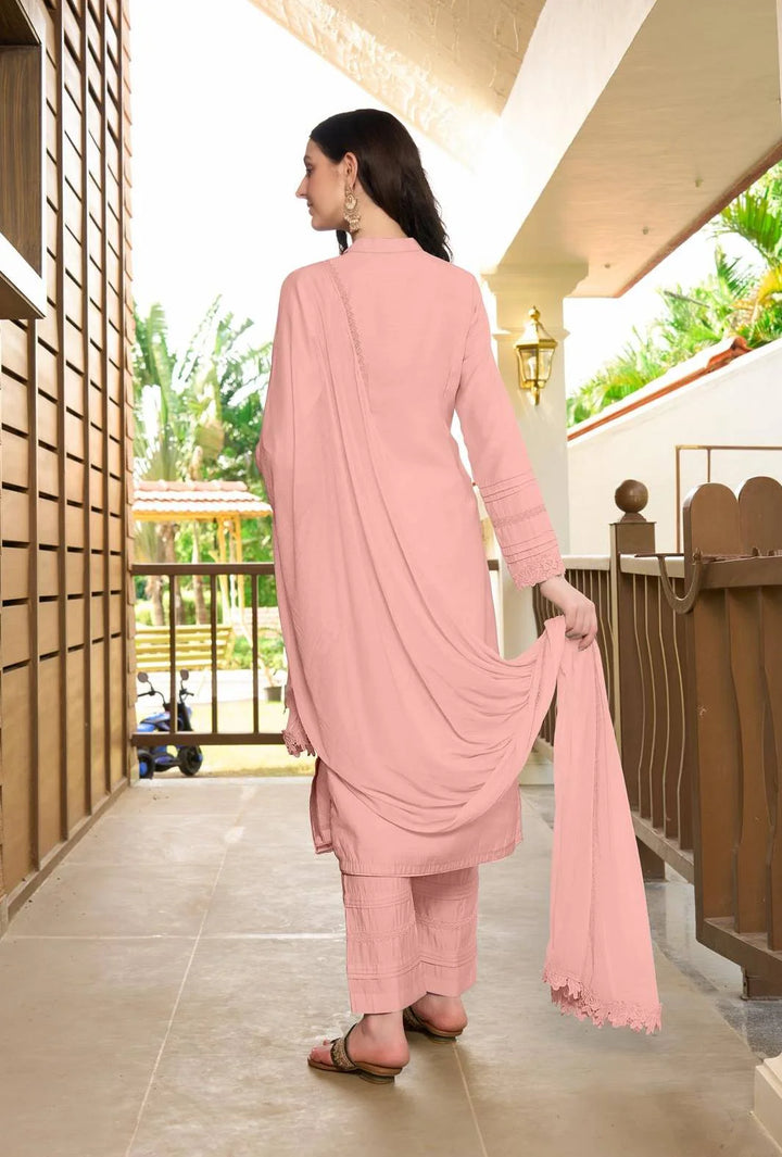 Light Pink Embroidered  Art Silk Straight Suit