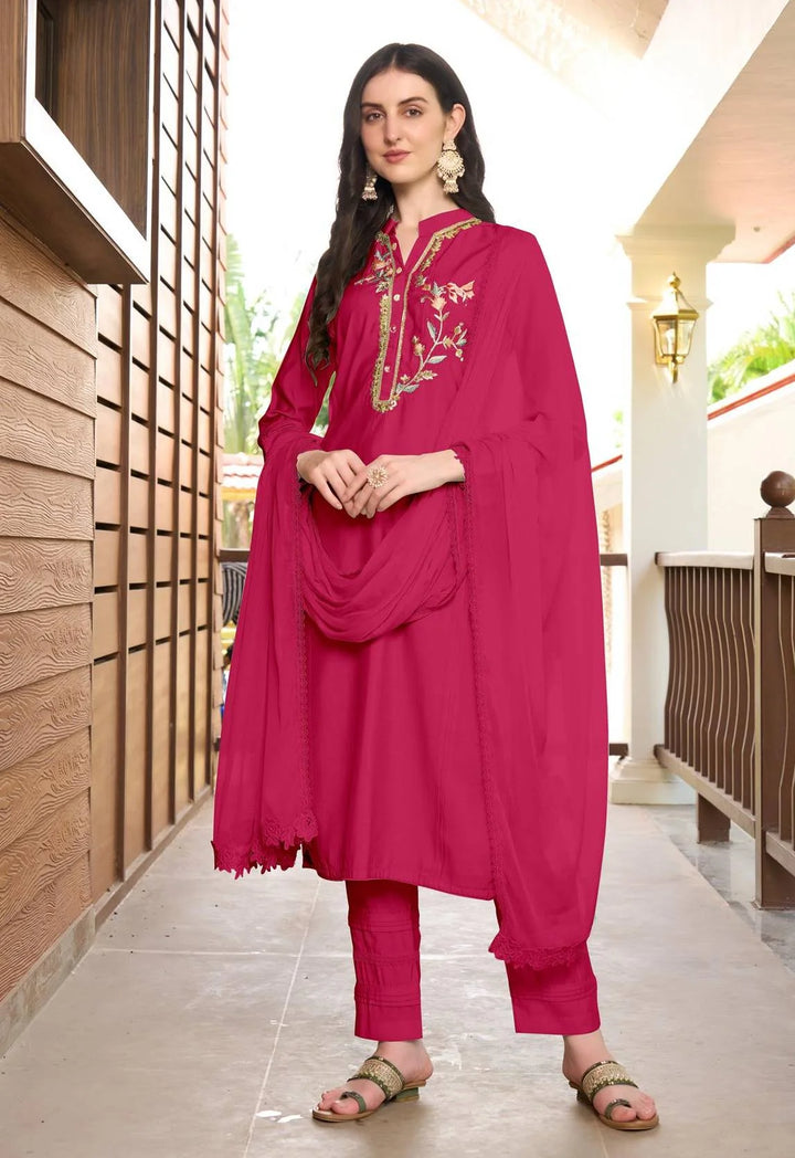 Pink Embroidered Art Silk Straight Suit