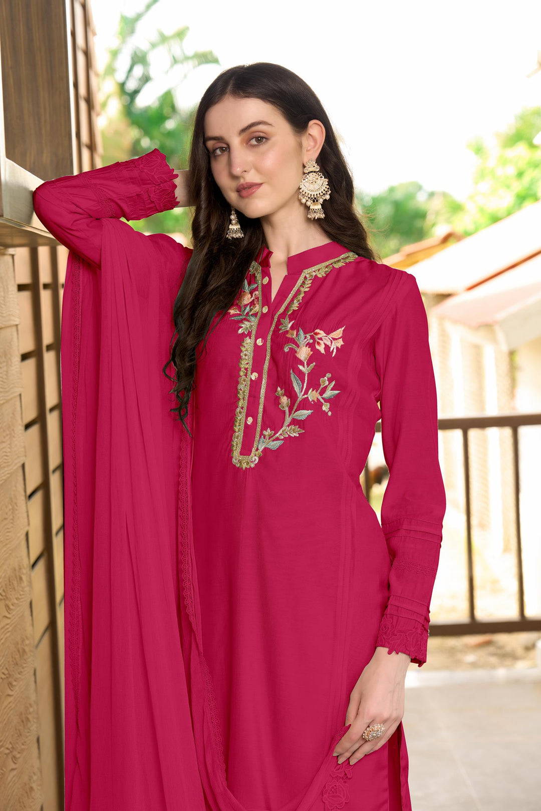 Pink Embroidered Art Silk Straight Suit