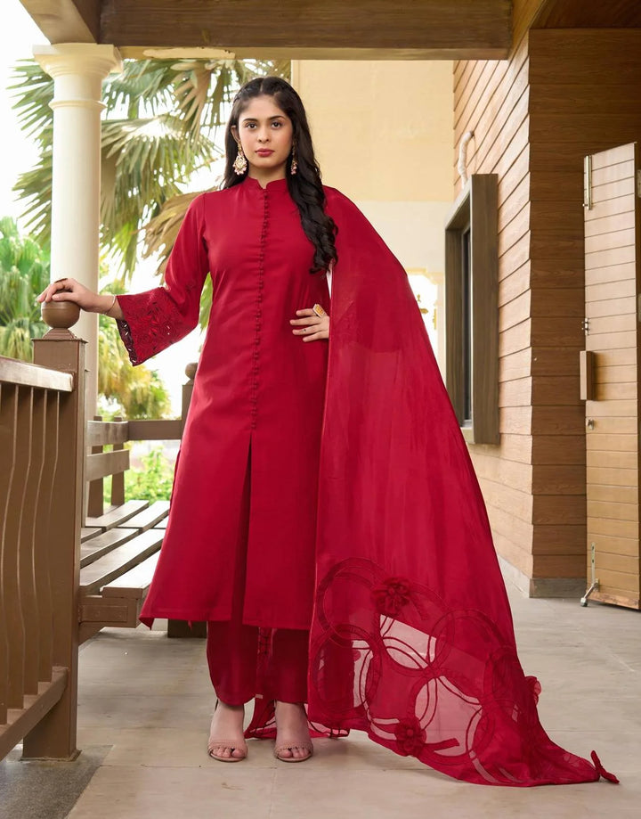 Maroon Embroidered Art Silk Straight Suit