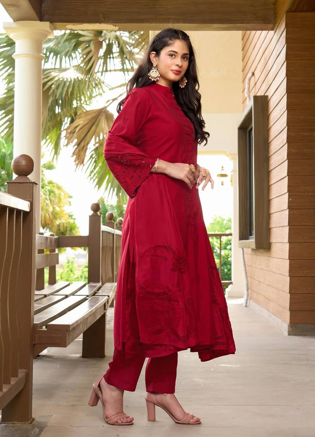 Maroon Embroidered Art Silk Straight Suit