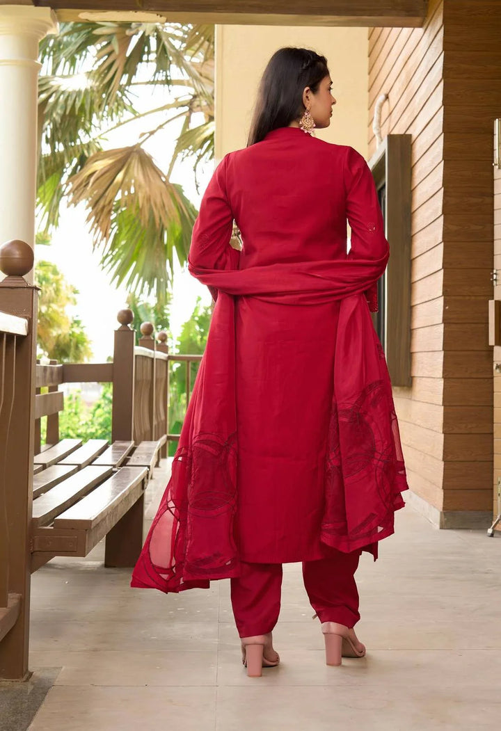 Maroon Embroidered Art Silk Straight Suit