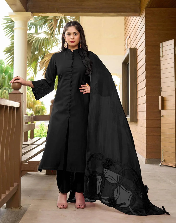 Black Embroidered Art Silk Straight Suit