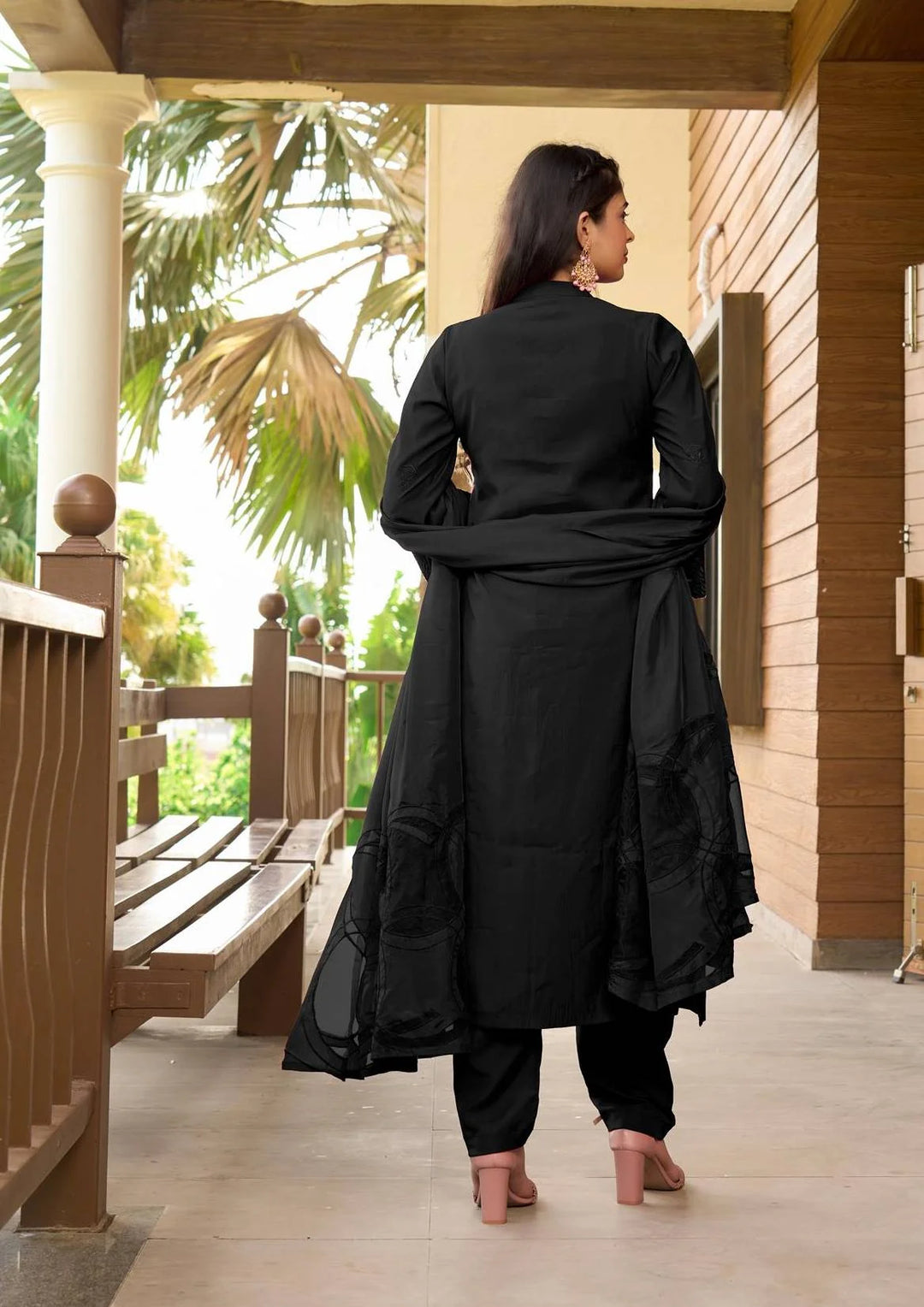 Black Embroidered Art Silk Straight Suit