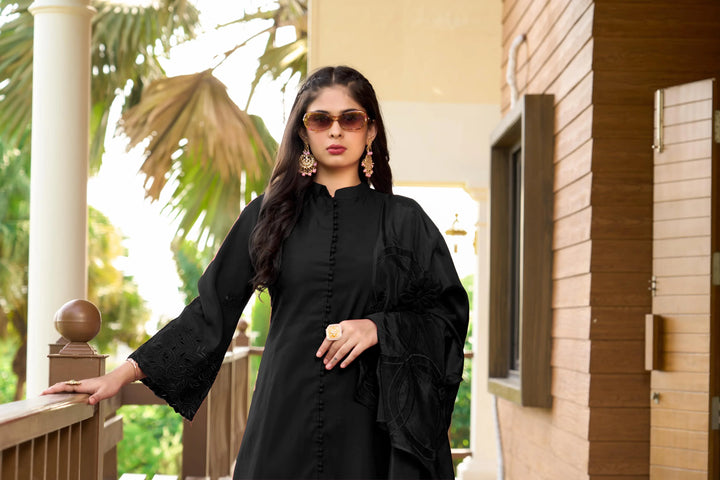 Black Embroidered Art Silk Straight Suit