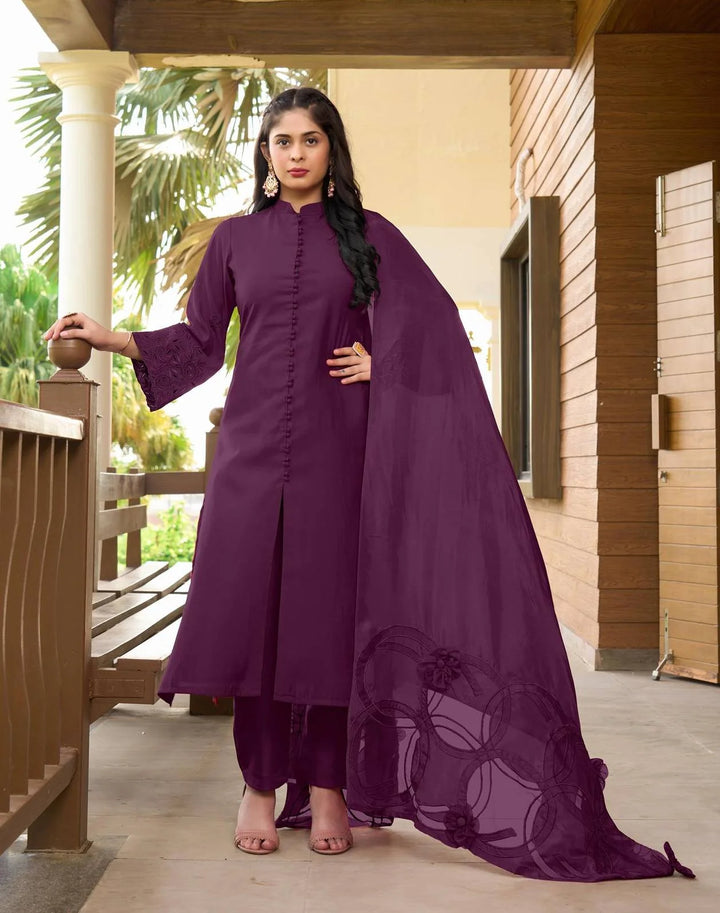 Violet Embroidered Art Silk Straight Suit