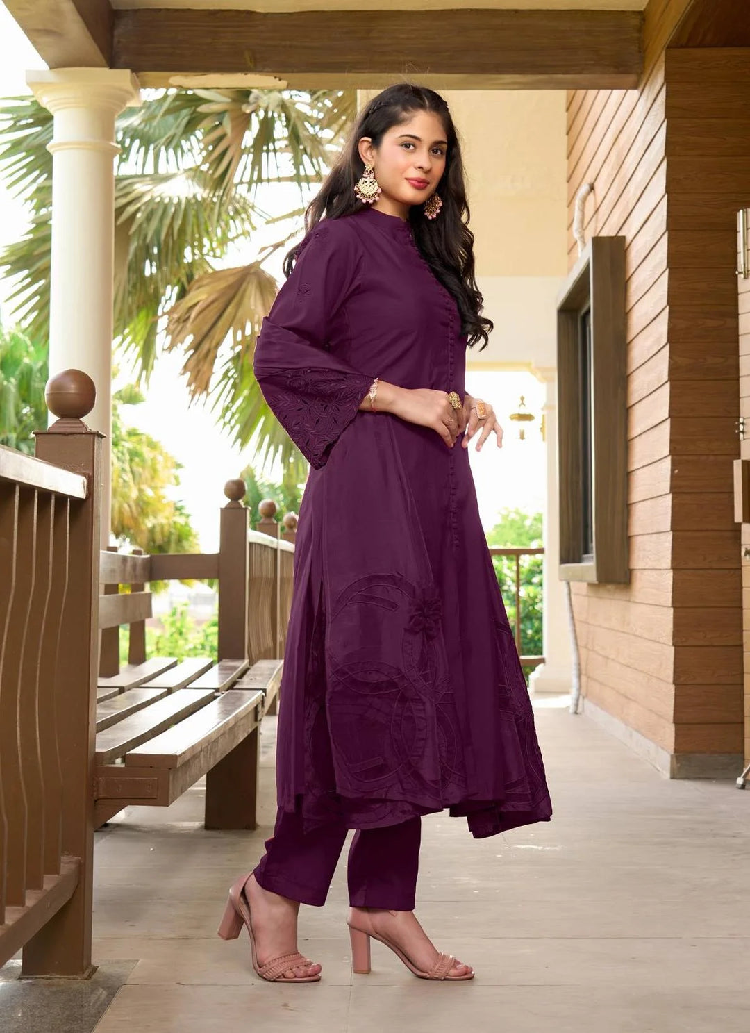 Violet Embroidered Art Silk Straight Suit