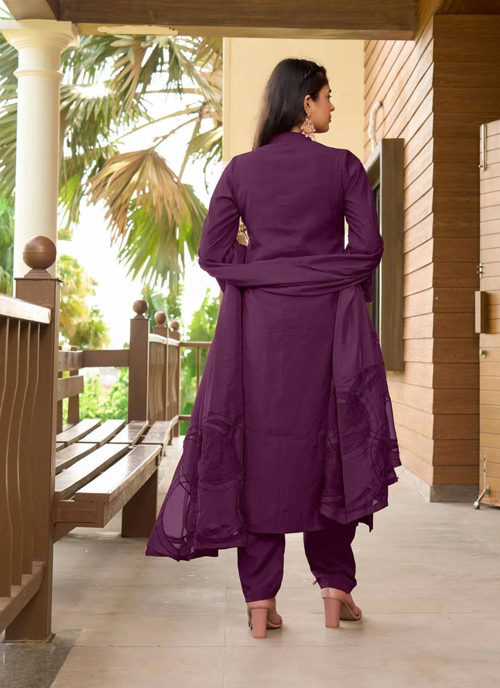 Violet Embroidered Art Silk Straight Suit