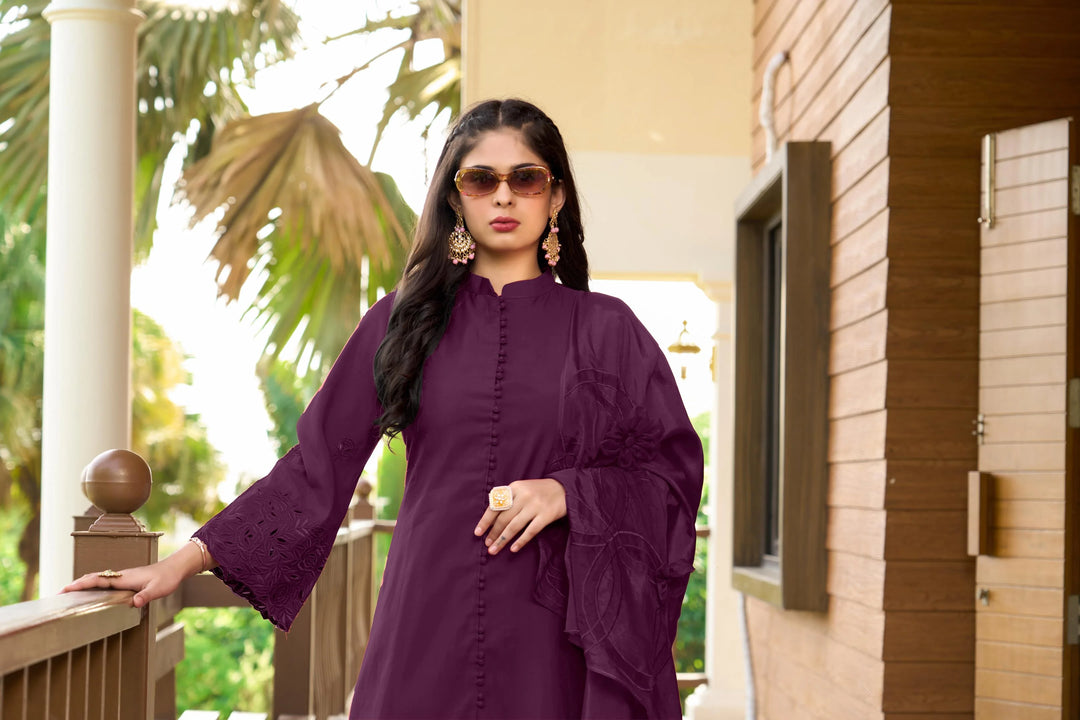 Violet Embroidered Art Silk Straight Suit