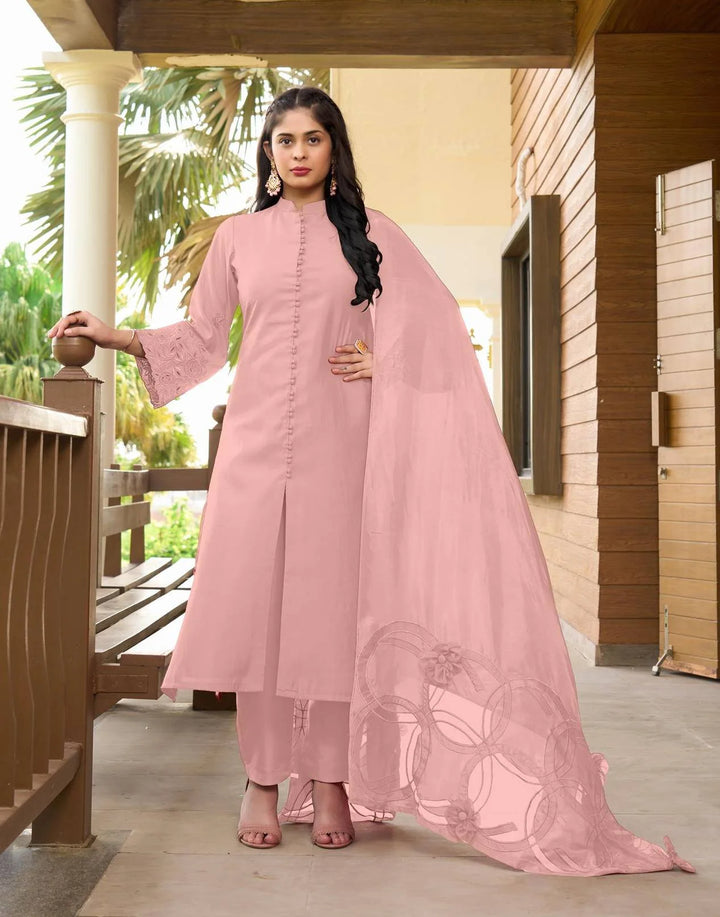 Light Pink Embroidered Art Silk Straight Suit
