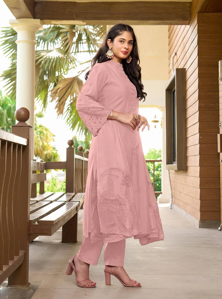 Light Pink Embroidered Art Silk Straight Suit