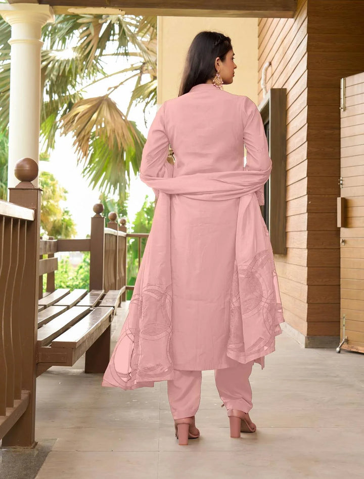 Light Pink Embroidered Art Silk Straight Suit