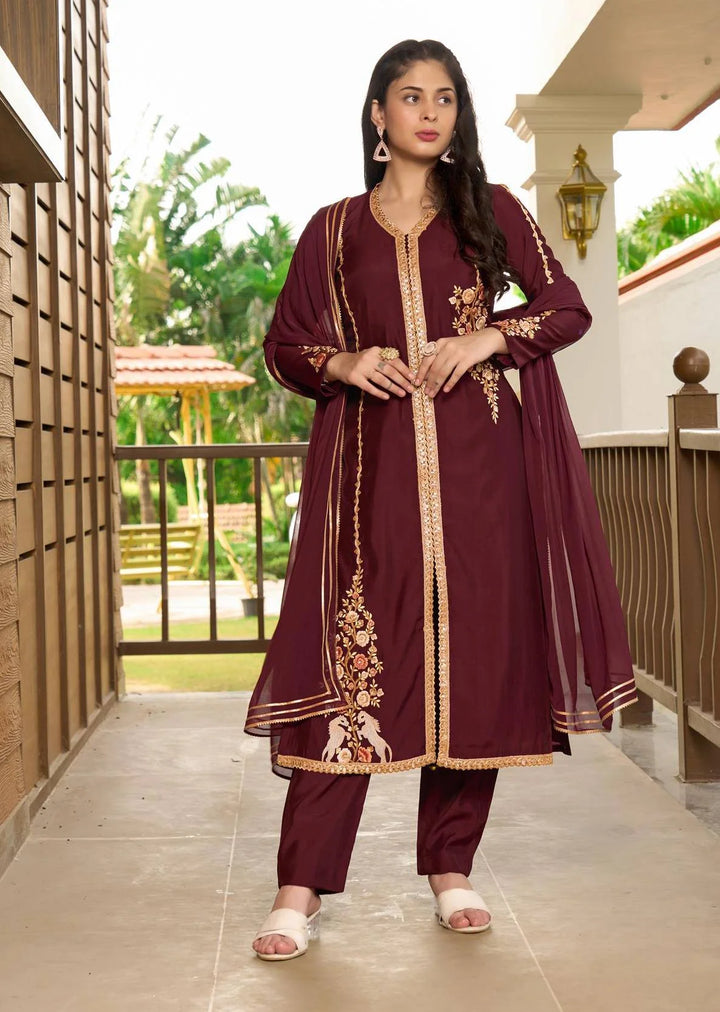 Maroon Embroidered Art Silk Straight Suit