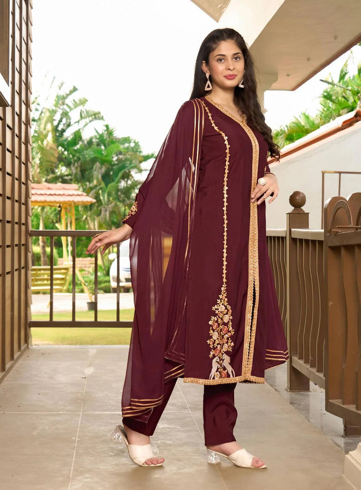 Maroon Embroidered Art Silk Straight Suit