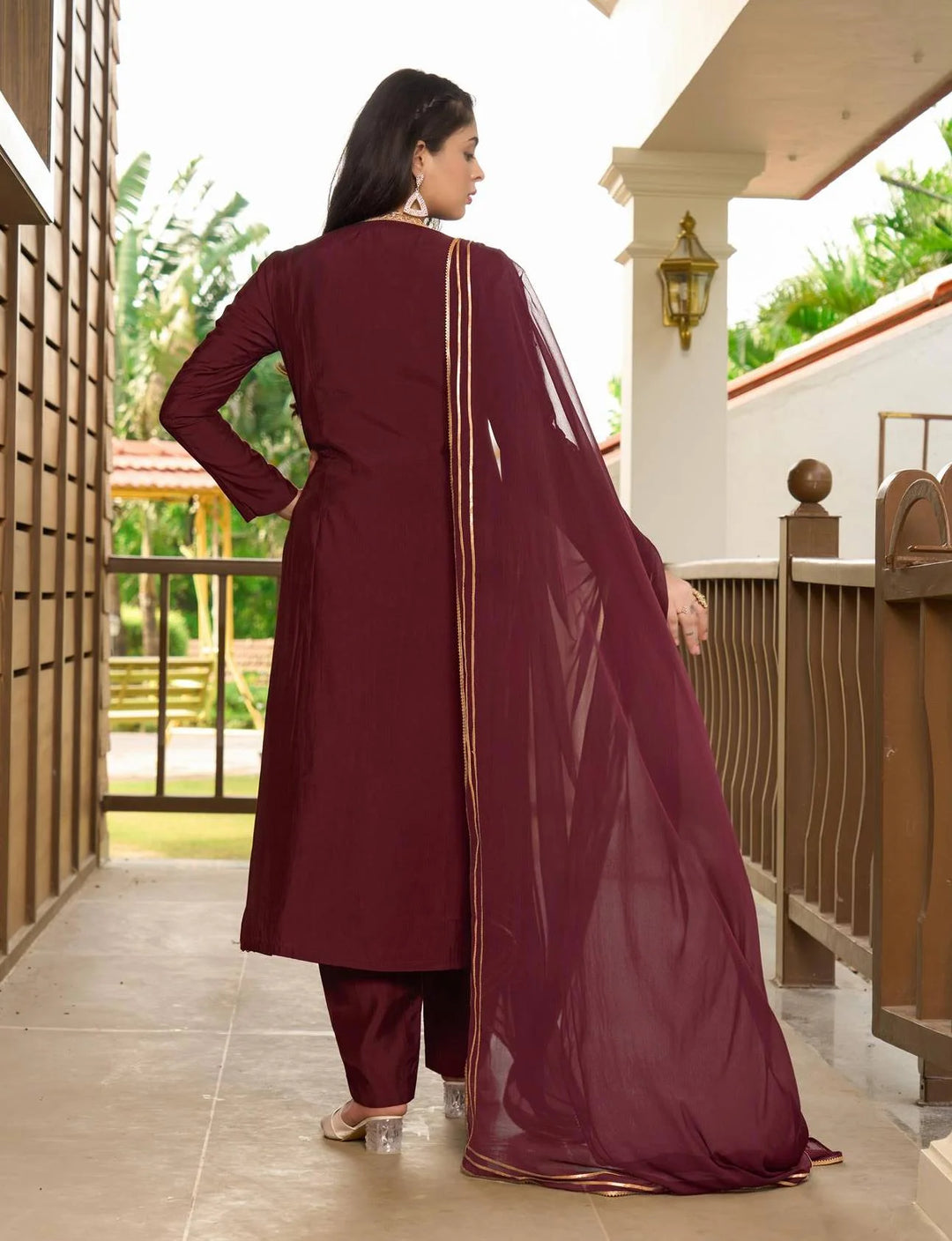 Maroon Embroidered Art Silk Straight Suit