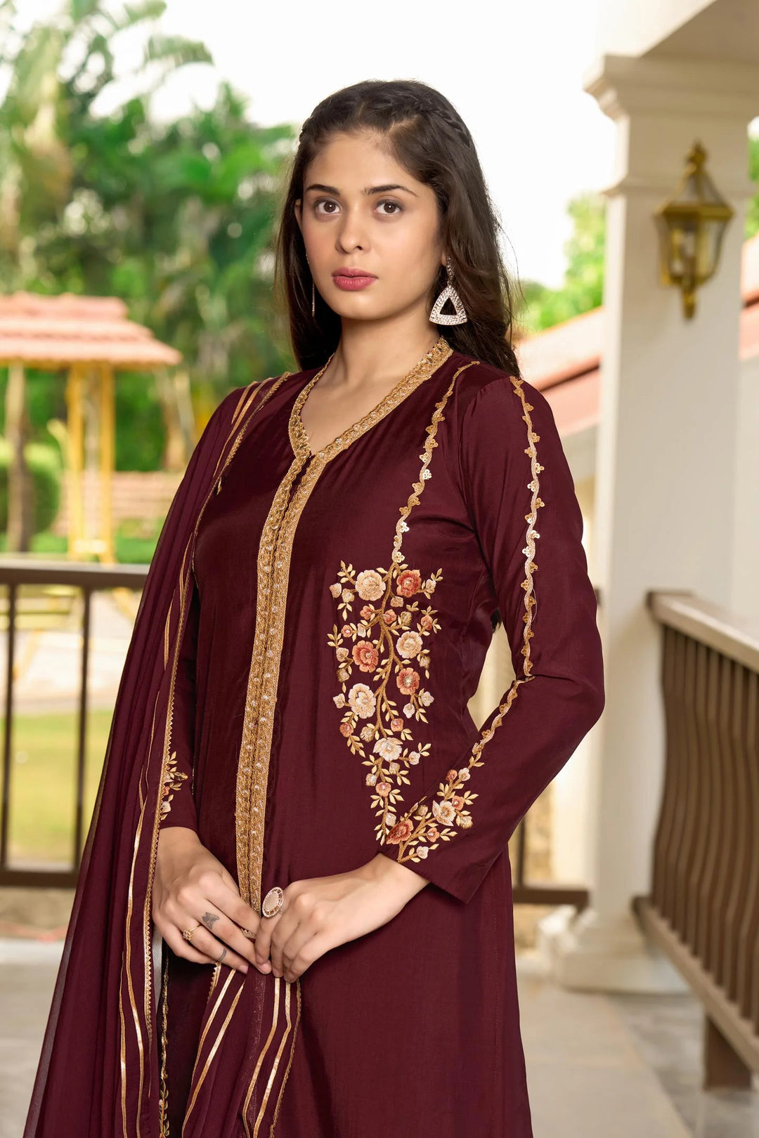 Maroon Embroidered Art Silk Straight Suit