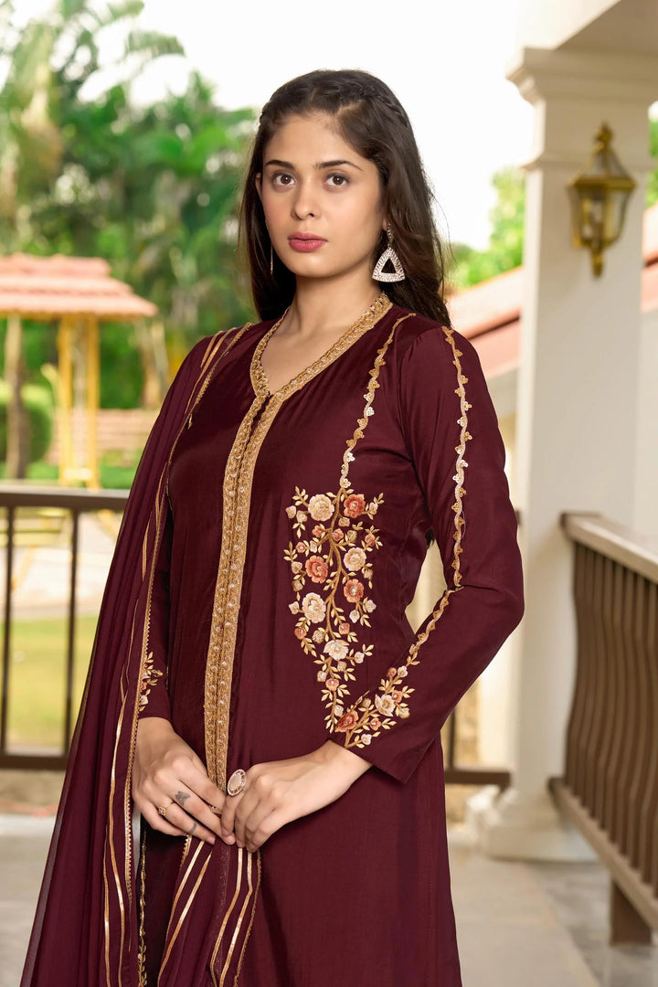 Maroon Embroidered Art Silk Straight Suit