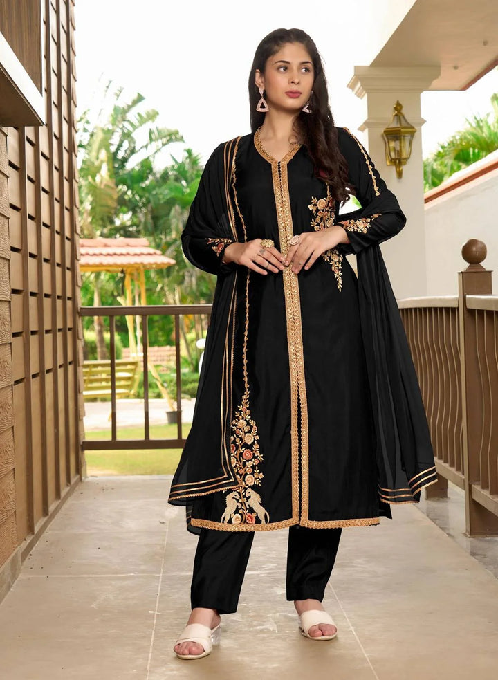 Black Embroidered Art Silk Straight Suit
