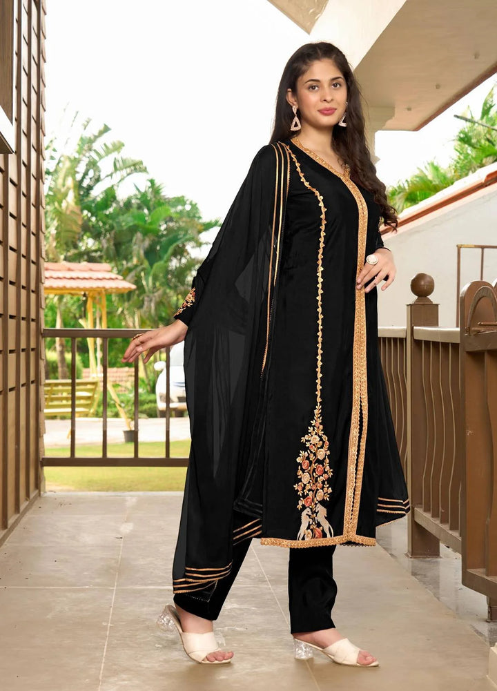 Black Embroidered Art Silk Straight Suit