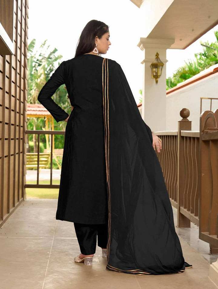 Black Embroidered Art Silk Straight Suit