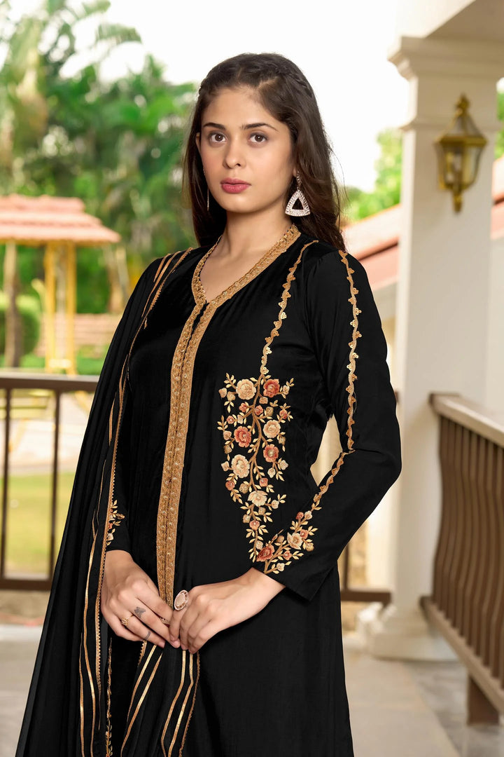 Black Embroidered Art Silk Straight Suit