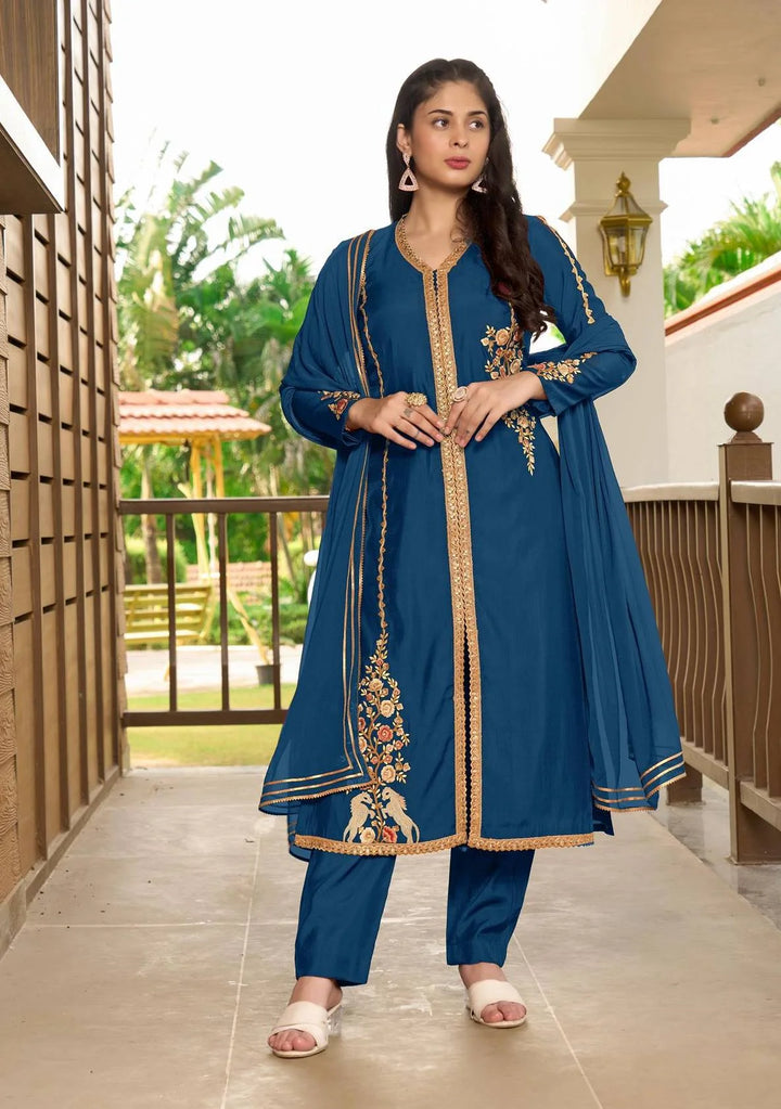 Blue Embroidered Art Silk Straight Suit