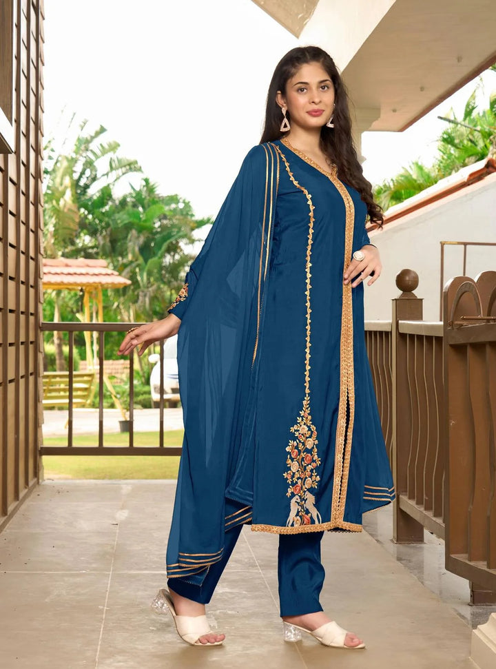 Blue Embroidered Art Silk Straight Suit