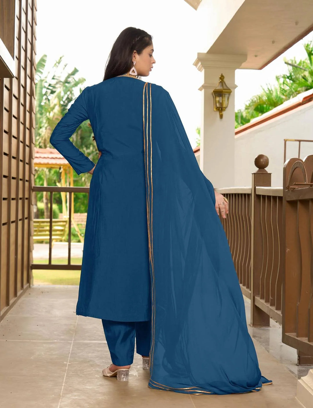 Blue Embroidered Art Silk Straight Suit