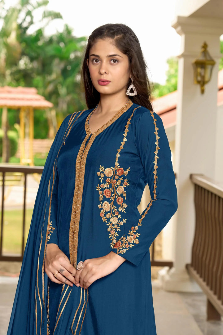 Blue Embroidered Art Silk Straight Suit