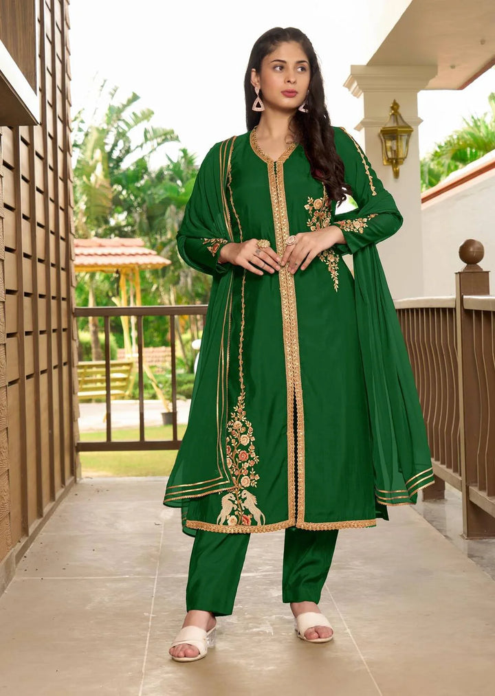 Green Embroidered Art Silk Straight Suit
